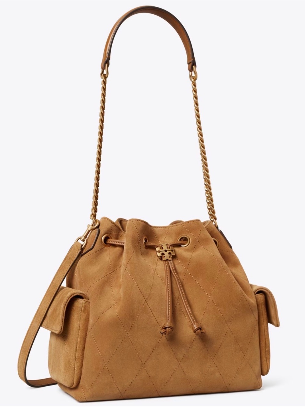 🧡🤎TORY BURCH CHARLIE QUILTED SUEDE DRAWSTRING IN TOFFEE
(Pre-treated & Perfect!)
